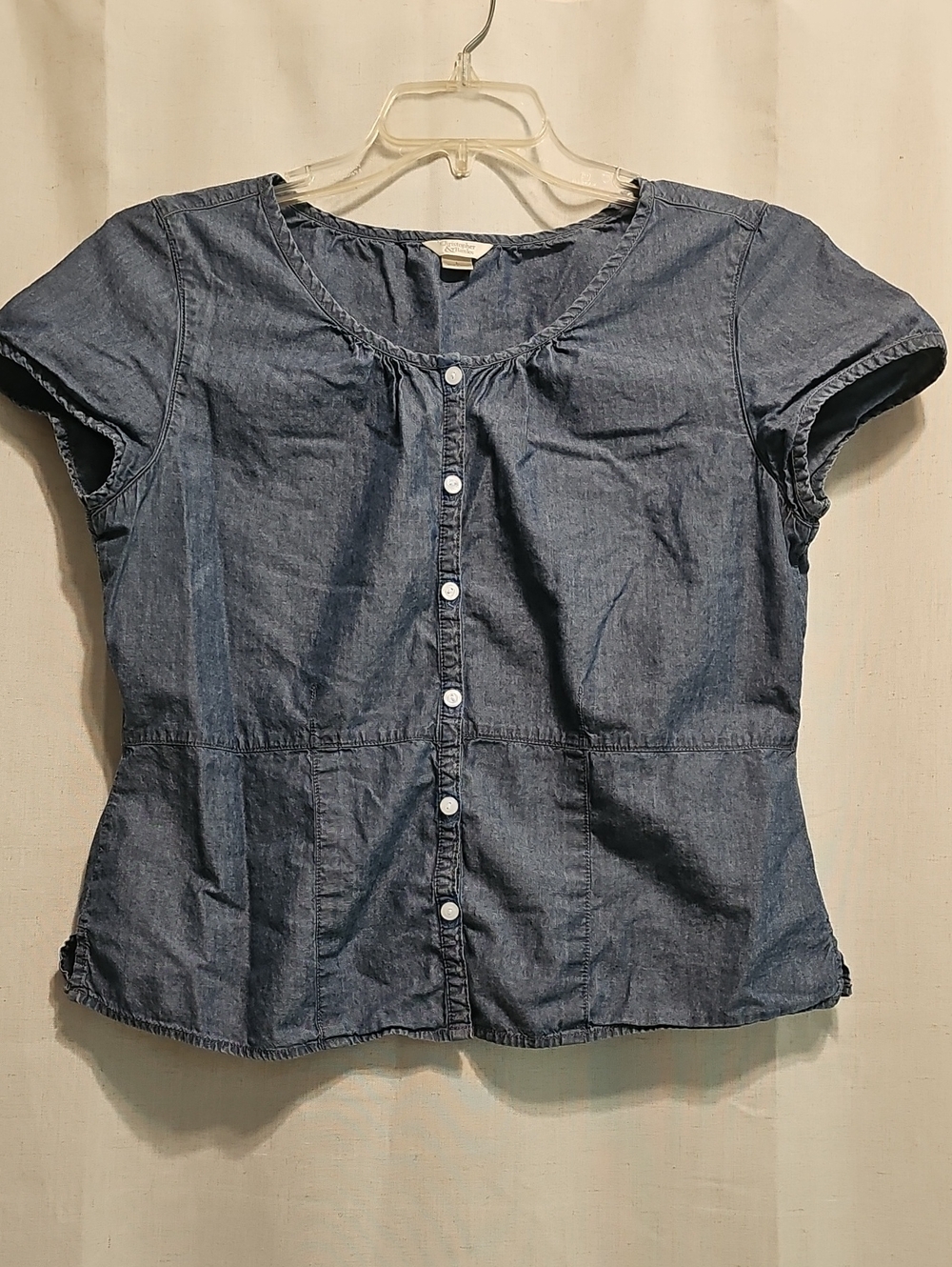 Christopher & Banks Blue Chambray Button-Front Short Sleeve Top